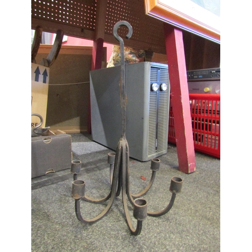 1056 - A painted magazine trough, a stand for a model cannon, wrought iron candelabra and a scratch built c... 