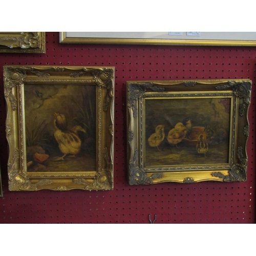 1063 - Two oleographs, chicks with mouse in a bowl and duckling looking at fly, after Edgar Hunt, both gilt... 