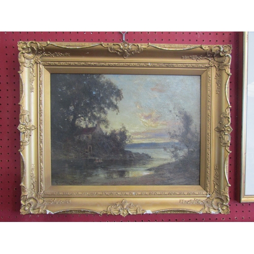 1065 - A late 19th/early 20th Century oil on canvas, figures in a boat at river mouth, cottages on bank beh... 