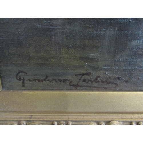 1065 - A late 19th/early 20th Century oil on canvas, figures in a boat at river mouth, cottages on bank beh... 