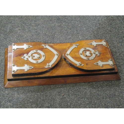 1080 - A walnut Gothic arch form bookslide with metal armorial mounts