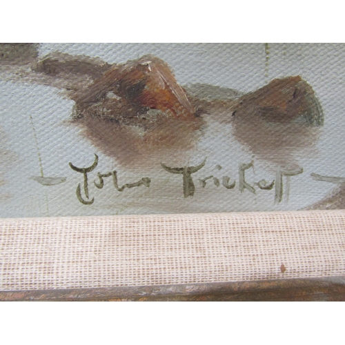 1088 - JOHN TRICKETT (b.1952): An oil on canvas of riverside scene, gent fishing with mountains to backgrou... 