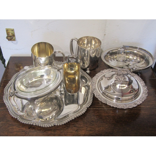 1091 - Mixed silver plated wears including Military related tankard, salver, small lidded tureen, sugar scu... 