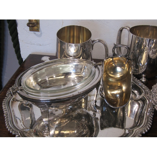 1091 - Mixed silver plated wears including Military related tankard, salver, small lidded tureen, sugar scu... 
