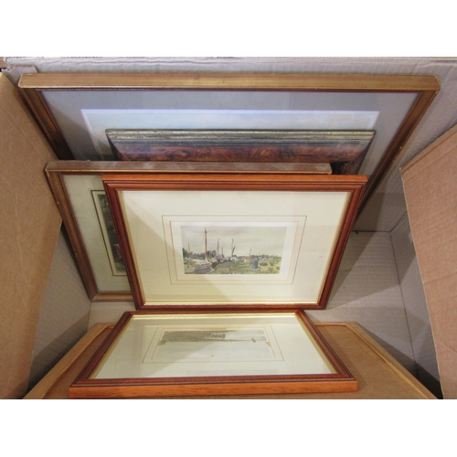 1099 - A box of pictures and prints including broads scene. Also RG Rhodes watercolour of market scene and ... 