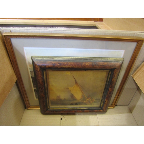 1099 - A box of pictures and prints including broads scene. Also RG Rhodes watercolour of market scene and ... 