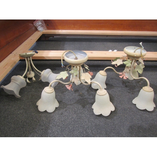 1100 - Two tulip form three arm ceiling lights and a similar, one missing shade