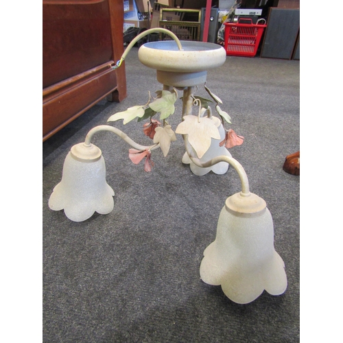 1100 - Two tulip form three arm ceiling lights and a similar, one missing shade