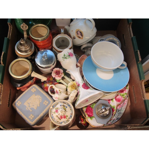 1149 - Two boxes of ceramics including Royal Worcester, Royal Albert, Wedgwood Jasperware, Dartmouth glug j... 