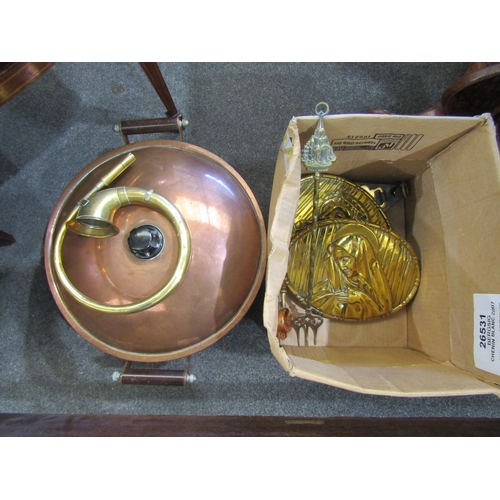 1118 - A large lidded copper pan (40cm diameter) and brass wares including repousse Jesus & Mary plaques, a... 