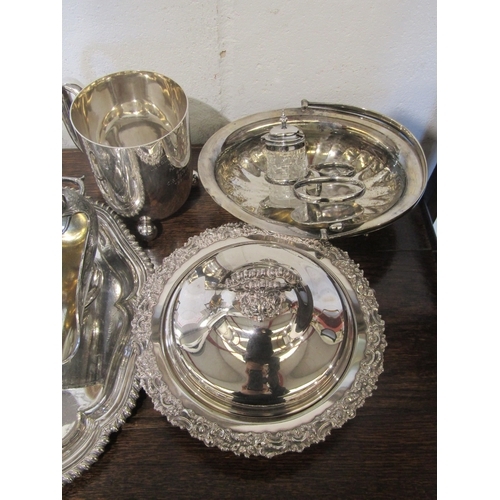 1091 - Mixed silver plated wears including Military related tankard, salver, small lidded tureen, sugar scu... 