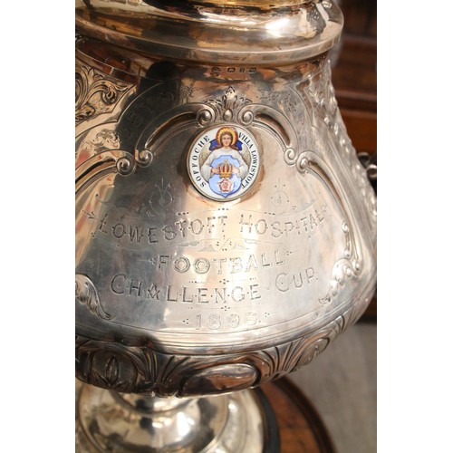 8001 - Lowestoft Hospital Football Challenge Cup, Presented by John W Butterfield, 1898. This large silver ... 
