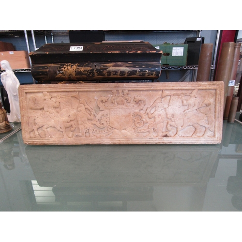 1494 - A carved marble heraldic and armorial frieze panel reputedly from a Manor House in Cambridge, 19cm t... 