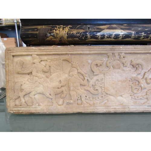 1494 - A carved marble heraldic and armorial frieze panel reputedly from a Manor House in Cambridge, 19cm t... 