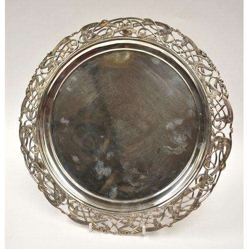8031 - Weir & Sons George VI Irish silver circular salver, with pierced Celtic design border of interlaced ... 