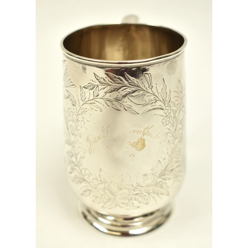 8021 - A Victorian Horace Woodward & Co silver christening mug with engraved bird and butterfly detail, vac... 