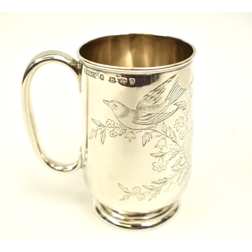 8021 - A Victorian Horace Woodward & Co silver christening mug with engraved bird and butterfly detail, vac... 