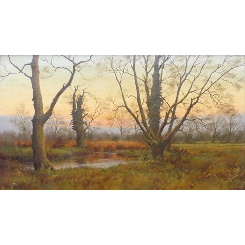 9006 - JAMES WRIGHT (b.1935) An oil on canvas depicting a tree lined river scene at sunset. Framed. Signed ... 