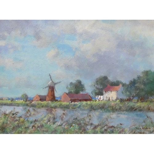 9010 - OWEN WATERS (1916-2004) A framed oil on board, Clippesby Mill. Signed bottom right, details verso. I... 