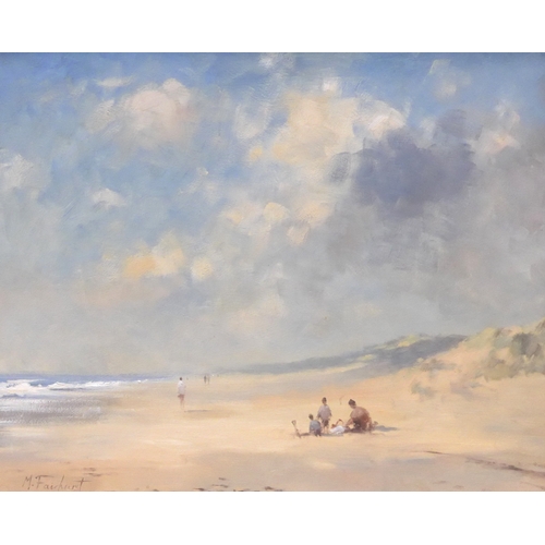 9007 - MILES CHRISTOPHER FAIRHURST (b. 1955) An oil on board beach scene depicting a family with other figu... 