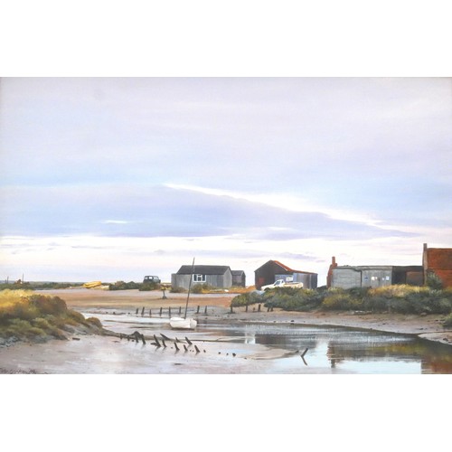 9051 - PETER BARKER (b.1954) A framed oil on board, fishing shacks and boats. Signed bottom left and dated ... 