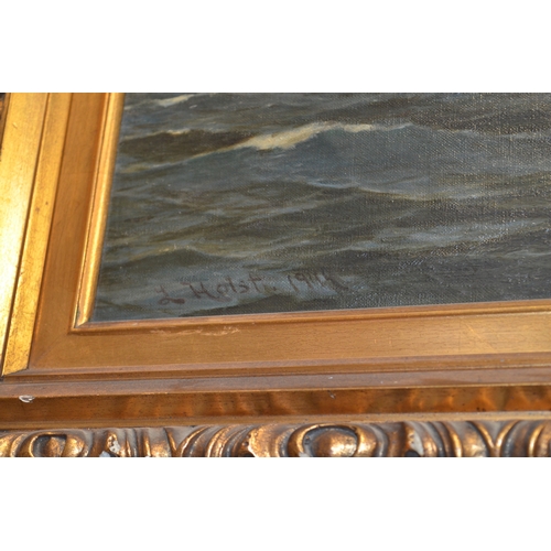 9017 - LAURITZ B. HOLST (1848-1934): An oil on canvas, sailing vessels including Spanish xebec beside Gibra... 