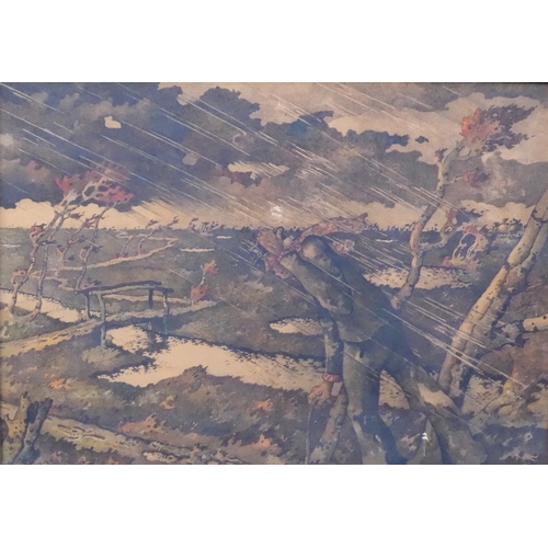 9037 - TETJUS OTTO TUGEL (German 1892-1972) A large untitled watercolour, figure walking in rain storm. Sig... 