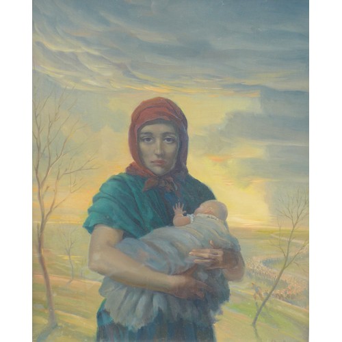 9038 - SAM MORSE-BROWN ARWA (1903-2001) (ARR) An oil on canvas titled 'Fall-Out', depicting a mother and ch... 