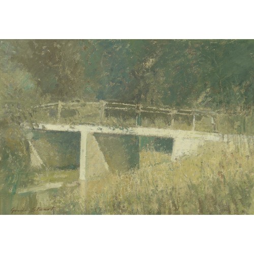 9041 - GORDON STUART (1924-2015) A framed and glazed oils on paper of a summer bridge scene. Signed bottom ... 
