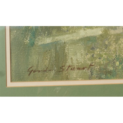 9041 - GORDON STUART (1924-2015) A framed and glazed oils on paper of a summer bridge scene. Signed bottom ... 