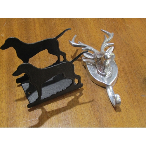 4024 - A metal letter rack with Labrador design, compass glass paperweight, novelty clock and coat hook (4)