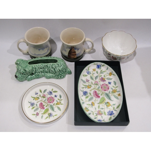 4295 - Two Moorcroft factory mugs, a Sylvac green dog shaped posy bowl, three pieces of Minton's 