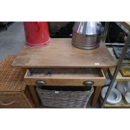 2038 - A Victorian pine kitchen table, single long drawer, brass cup handles, tapering legs