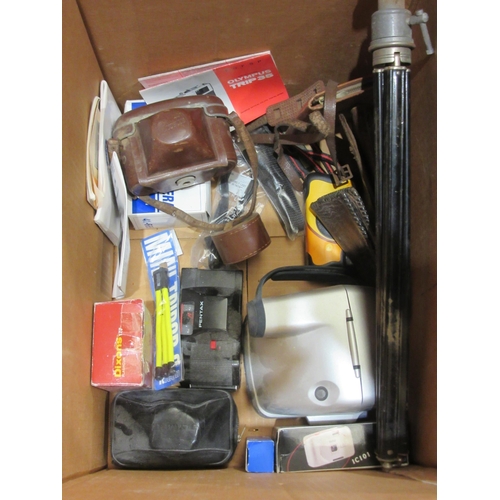 4438 - A box of cameras and related accessories including Kodak Brownie Flash II, Panasonic DMC-FZ50 camera... 