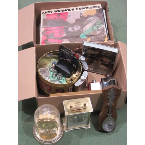 4439 - Two boxes of assorted items including clocks, hip flasks, books, Irish 1805 coin, pictures etc.