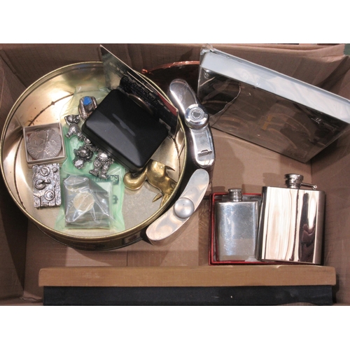 4439 - Two boxes of assorted items including clocks, hip flasks, books, Irish 1805 coin, pictures etc.