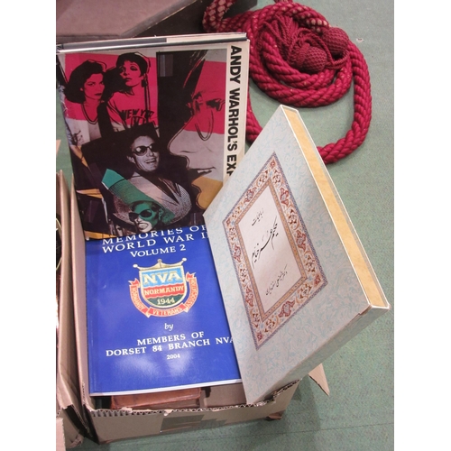 4439 - Two boxes of assorted items including clocks, hip flasks, books, Irish 1805 coin, pictures etc.