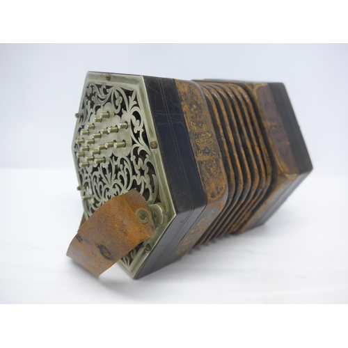 6147 - A Charles Jeffries hexagonal concertina with thirty-nine buttons and six-section leather bellows wit... 