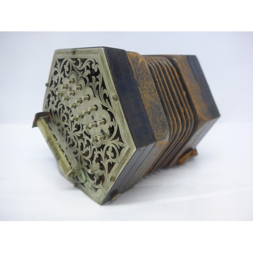 6147 - A Charles Jeffries hexagonal concertina with thirty-nine buttons and six-section leather bellows wit... 