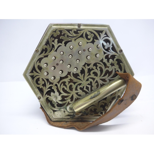 6147 - A Charles Jeffries hexagonal concertina with thirty-nine buttons and six-section leather bellows wit... 