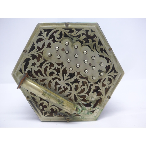 6147 - A Charles Jeffries hexagonal concertina with thirty-nine buttons and six-section leather bellows wit... 