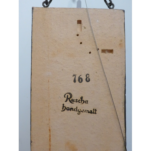 7005 - A West German Ruscha Pottery wall tile plaque with orange larva glazed mushroom detail, metal chain ... 