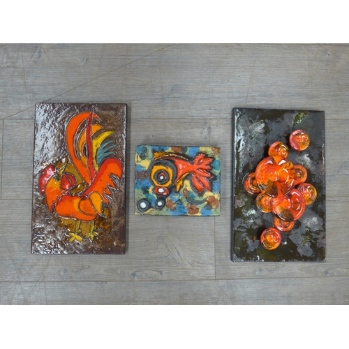 7004 - Three West German Ruscha wall tiles - one with applied 'Mushroom' forms in orange glazes, 37cm x 23c... 