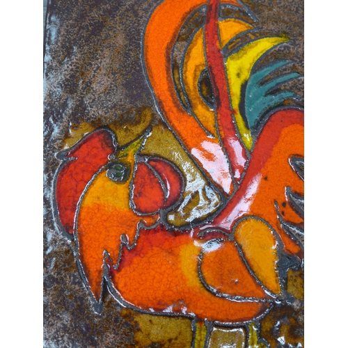 7004 - Three West German Ruscha wall tiles - one with applied 'Mushroom' forms in orange glazes, 37cm x 23c... 