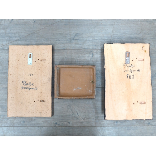 7004 - Three West German Ruscha wall tiles - one with applied 'Mushroom' forms in orange glazes, 37cm x 23c... 