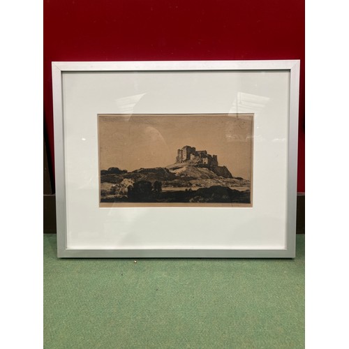4013 - A Leonard R Squirrell etching depicting a castle on hill, pencil signed, framed and glazed, 20.5cm x... 