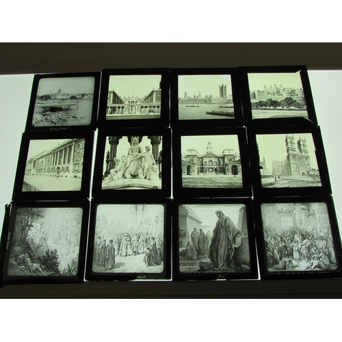 7030 - A large quantity of mixed glass magic lantern slides to include engravings / book plates, Asian scen... 