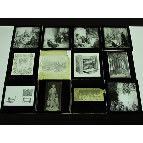 7030 - A large quantity of mixed glass magic lantern slides to include engravings / book plates, Asian scen... 