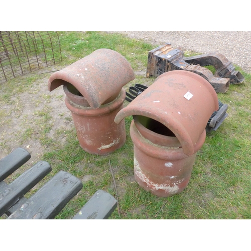 8032 - Two terracotta squat chimney pots with cowels, 47cm tall