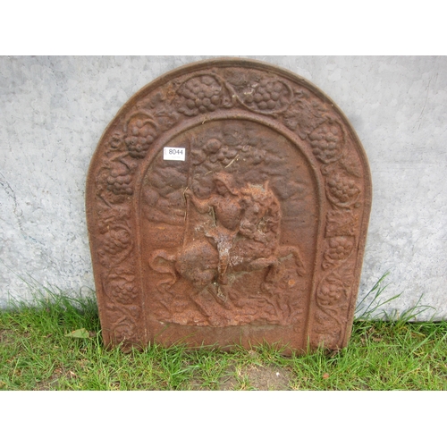 8044 - A cast iron fireback with horse and rider detail, 54cm (w) x 60cm (h)